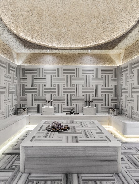 patterned white and balck walls of a indoor sauna