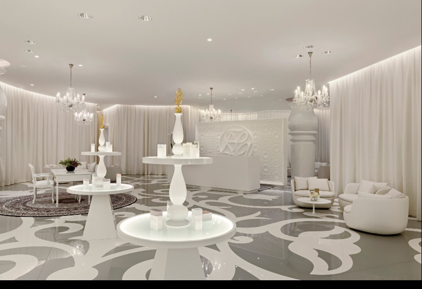 dinning room with white marble walls and white tables