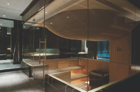 sauna with glass walls